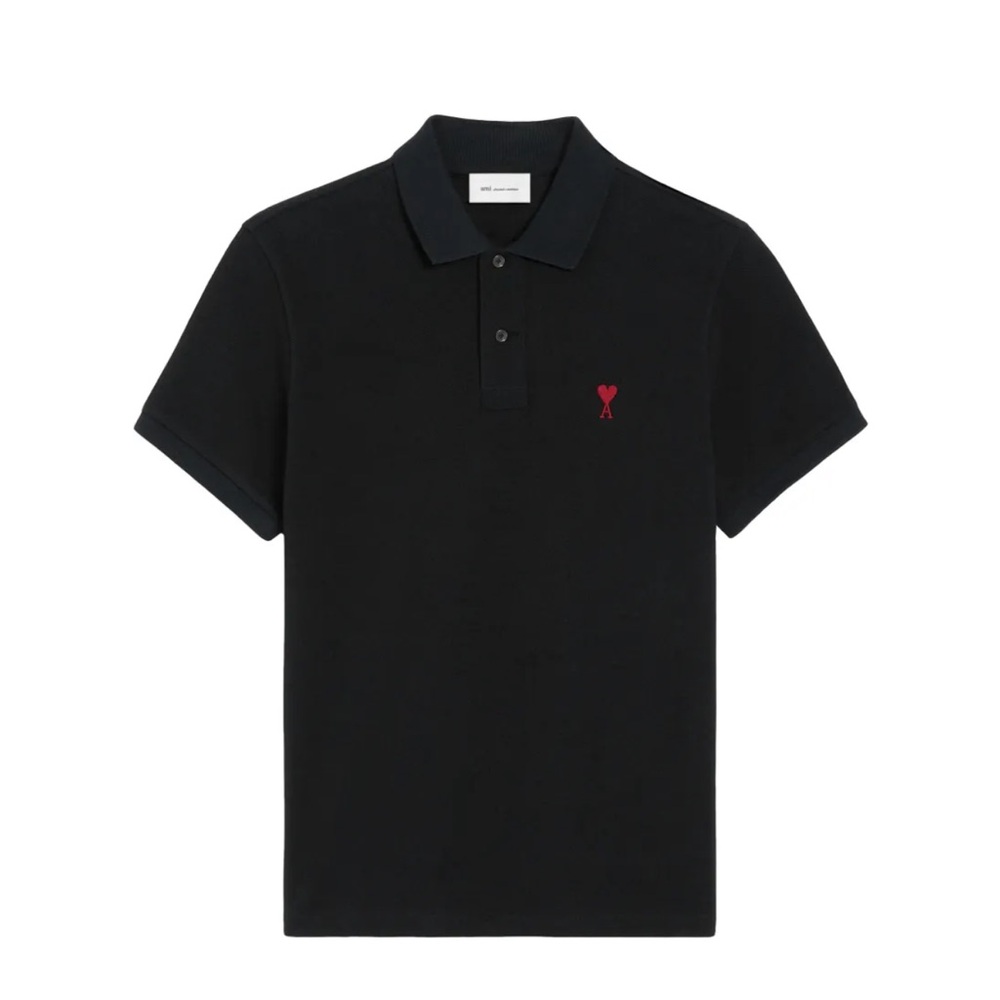 Ami Black Polo with Red Heart 'A' Logo